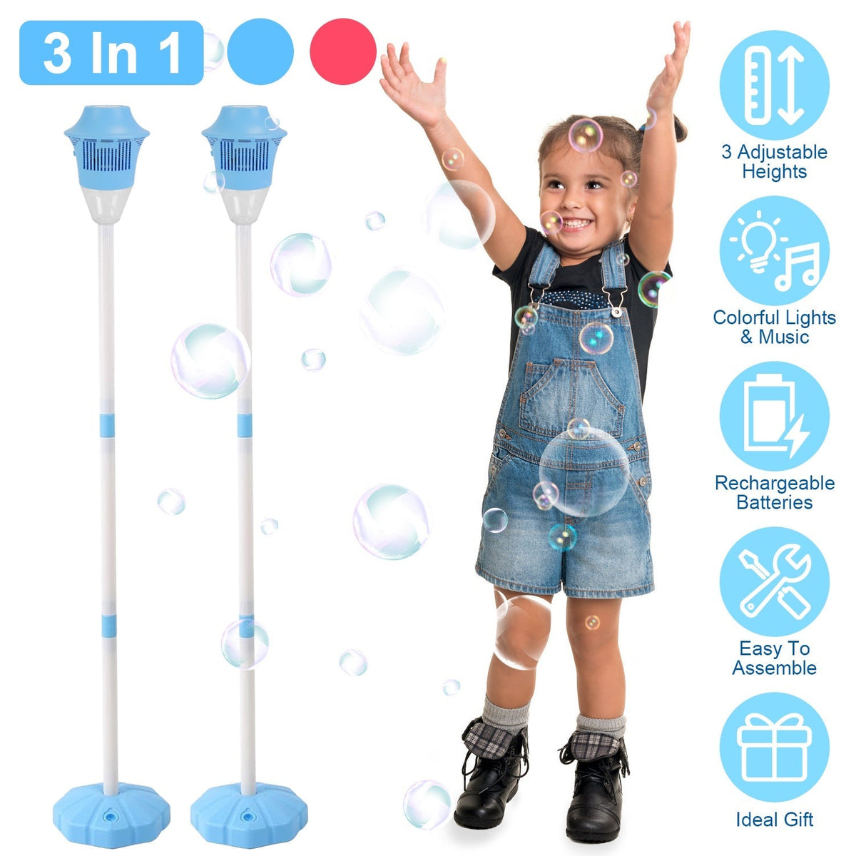 2Pack 3 In 1 Standing Bubble Machines with Colorful Lights and Music Rechargeable Bubble Maker Stands with 2 Modes 3 Adjustable Height for Party Weddi
