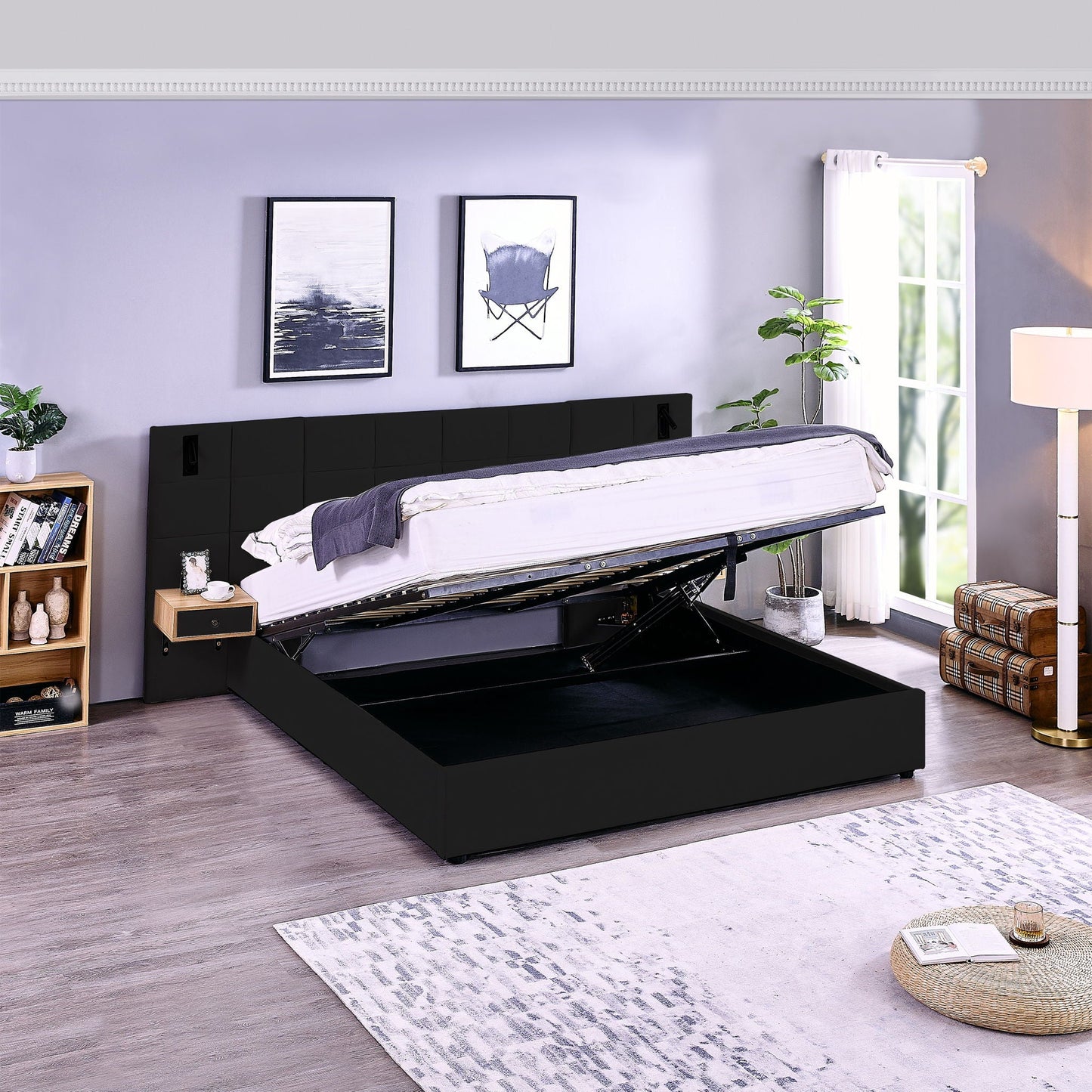 Upholstered Hydraulic Platform Bed With Storage Shelves, Reading Lamps, USB Port