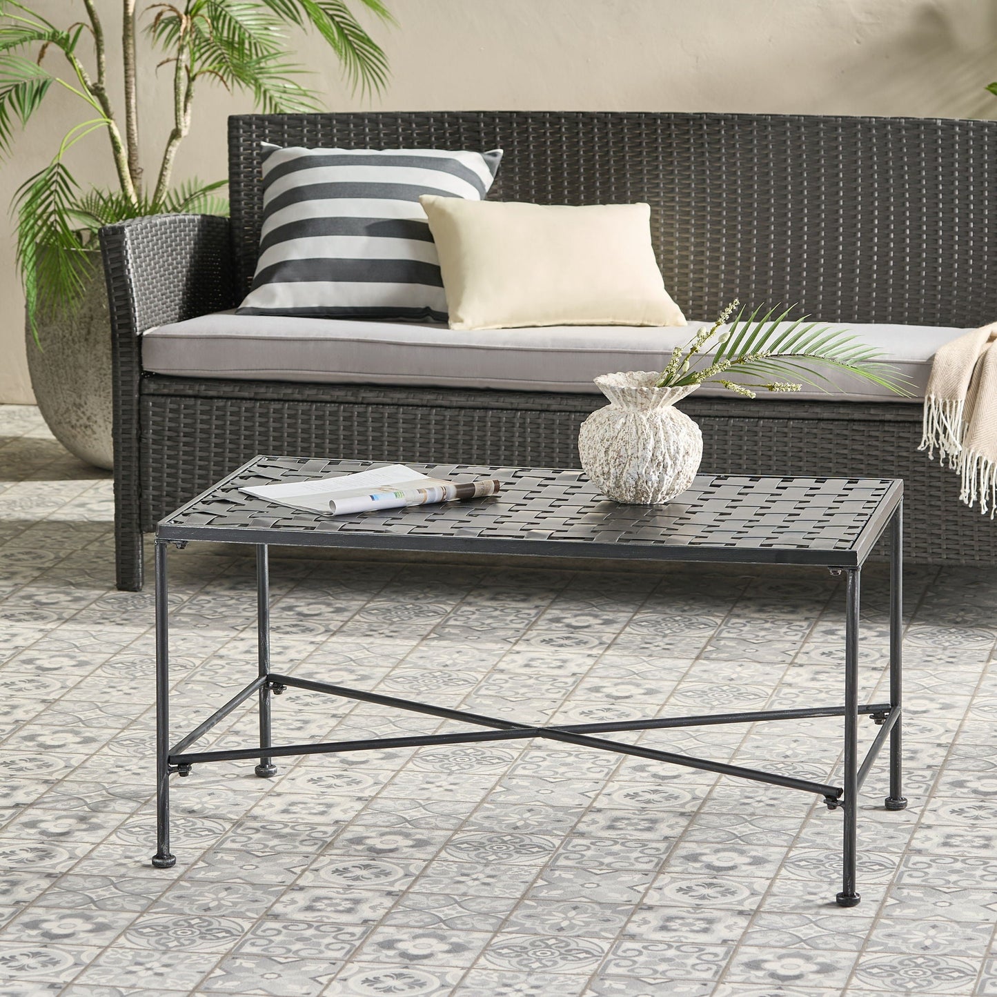 Luna Outdoor Iron Coffee Table - Black Brush Silver