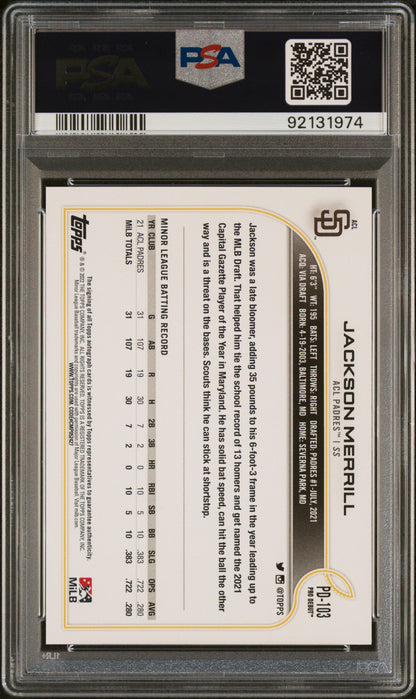 Graded 2022 Topps Pro Debut Jackson Merrill #PD103 Autograph Rookie RC Baseball Card PSA 10 Gem Mint