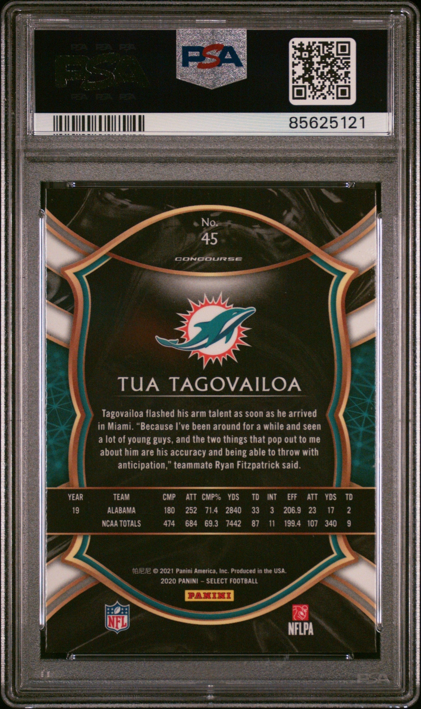 Graded 2020 Panini Select Tua Tagovailoa #45 Rookie RC Football Card PSA 10 Gem Mint