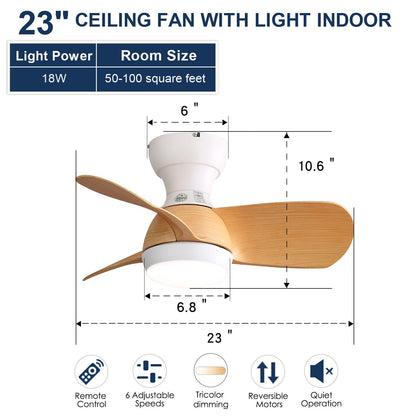 23" Bedroom Ceiling Fan With 3 Color Dimmable 3 ABS Blades Remote Control Dc Motor With 18W Led Light