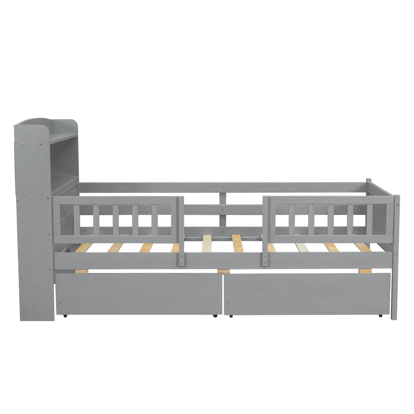 Platform Bed With LED Light, Multi Functional Headboard, Guardrail And 2 Drawers