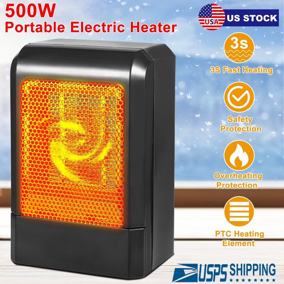 500W Portable Electric Heater PTC Ceramic Heating Fan 3S Heating Space For Home Office Use
