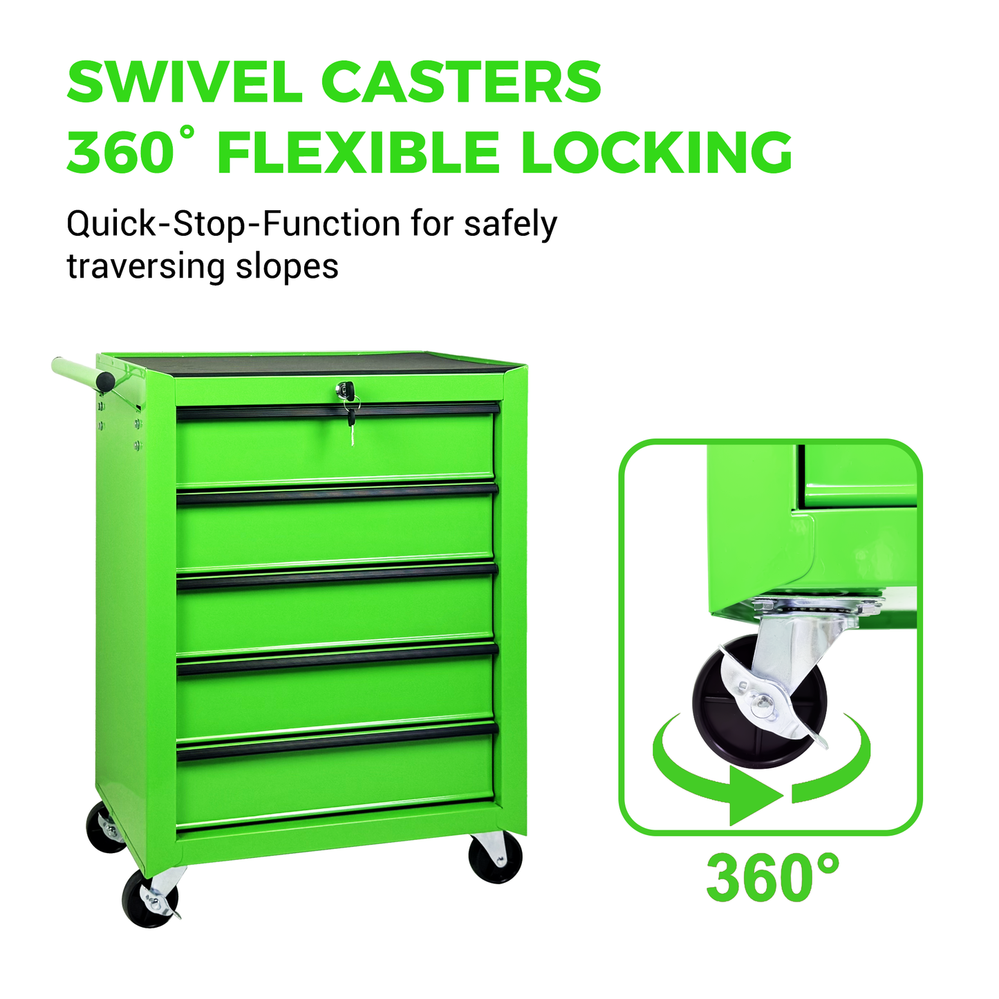 Rolling Metal Tool Chest with 5 Drawers, 20" Steel Cabinet - Green