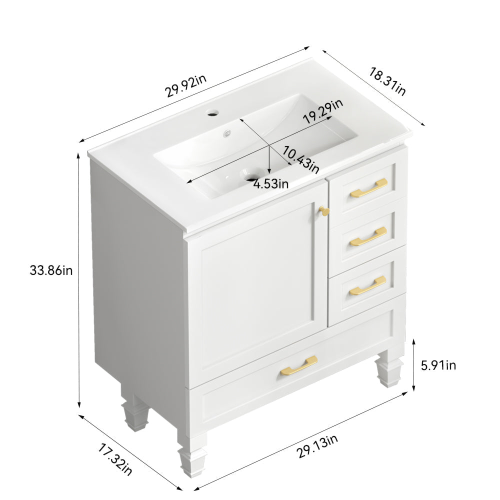 30" White Bathroom Vanity with Abundant Storage