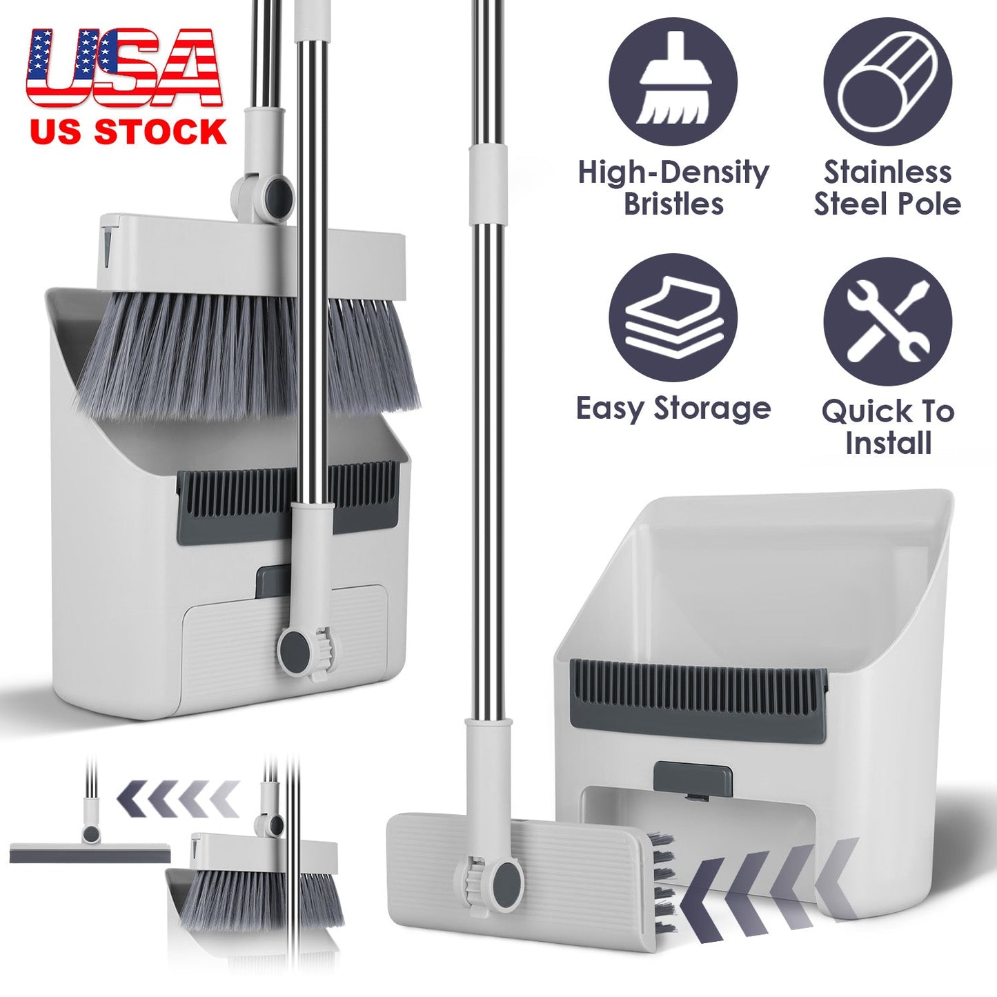 Broom And Dustpan Combo Set With Squeegee Stainless Steel Handle 4 In 1 Upright Standing Broom And Dust Pan For Indoor Outdoor Garage Kitchen Room Off