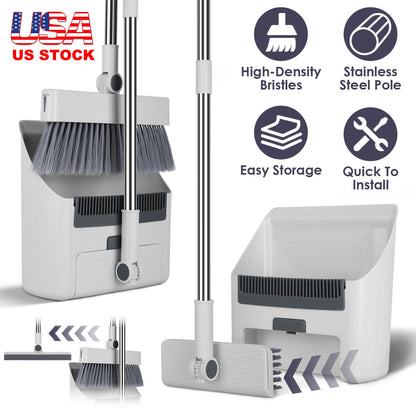 Broom And Dustpan Combo Set With Squeegee Stainless Steel Handle 4 In 1 Upright Standing Broom And Dust Pan For Indoor Outdoor Garage Kitchen Room Off