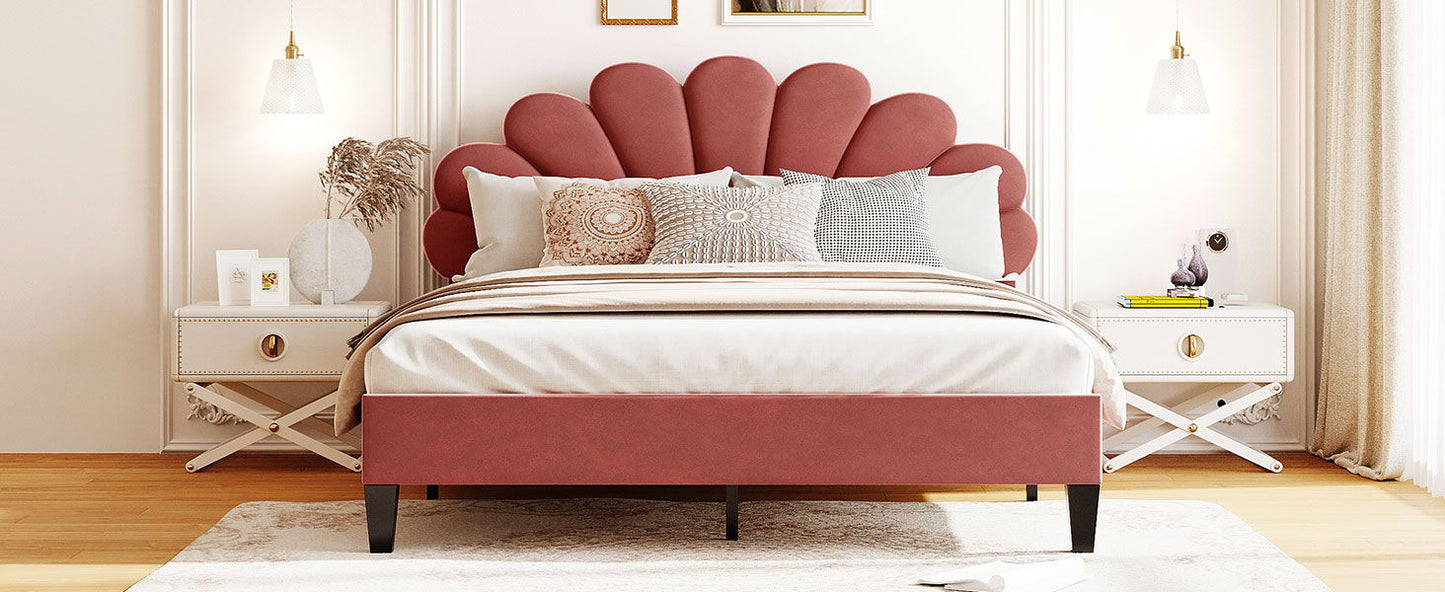 Upholstered Platform Bed With Flower Pattern Headboard