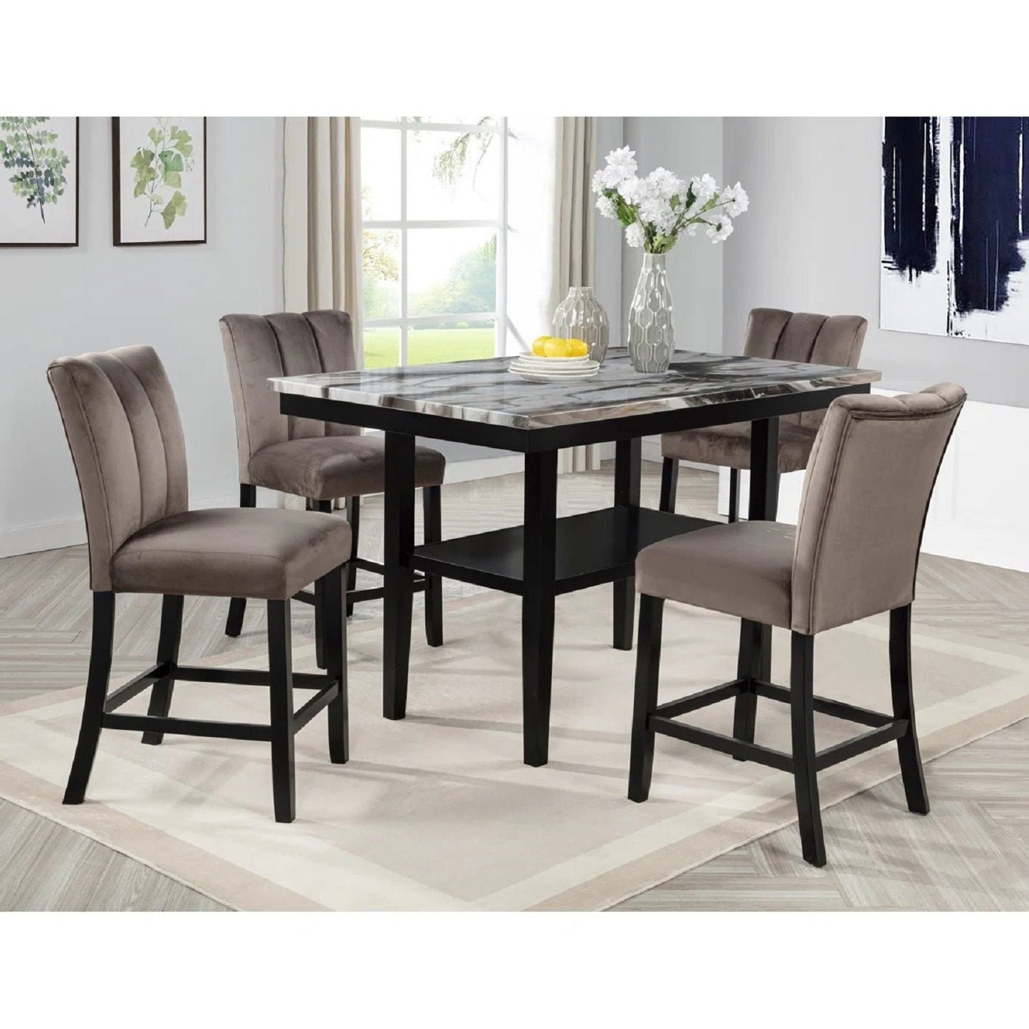 5 Piece Counter Dining Set With Table, Chairs - Black / Brown