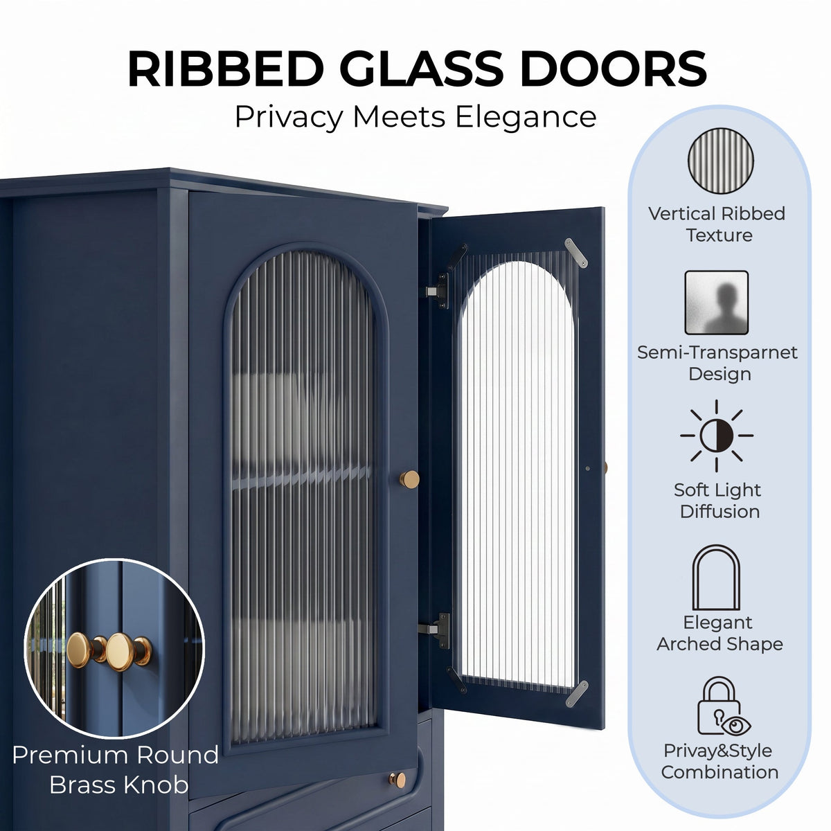 46.5'' Glass Display Cabinet with Ribbed Glass Doors