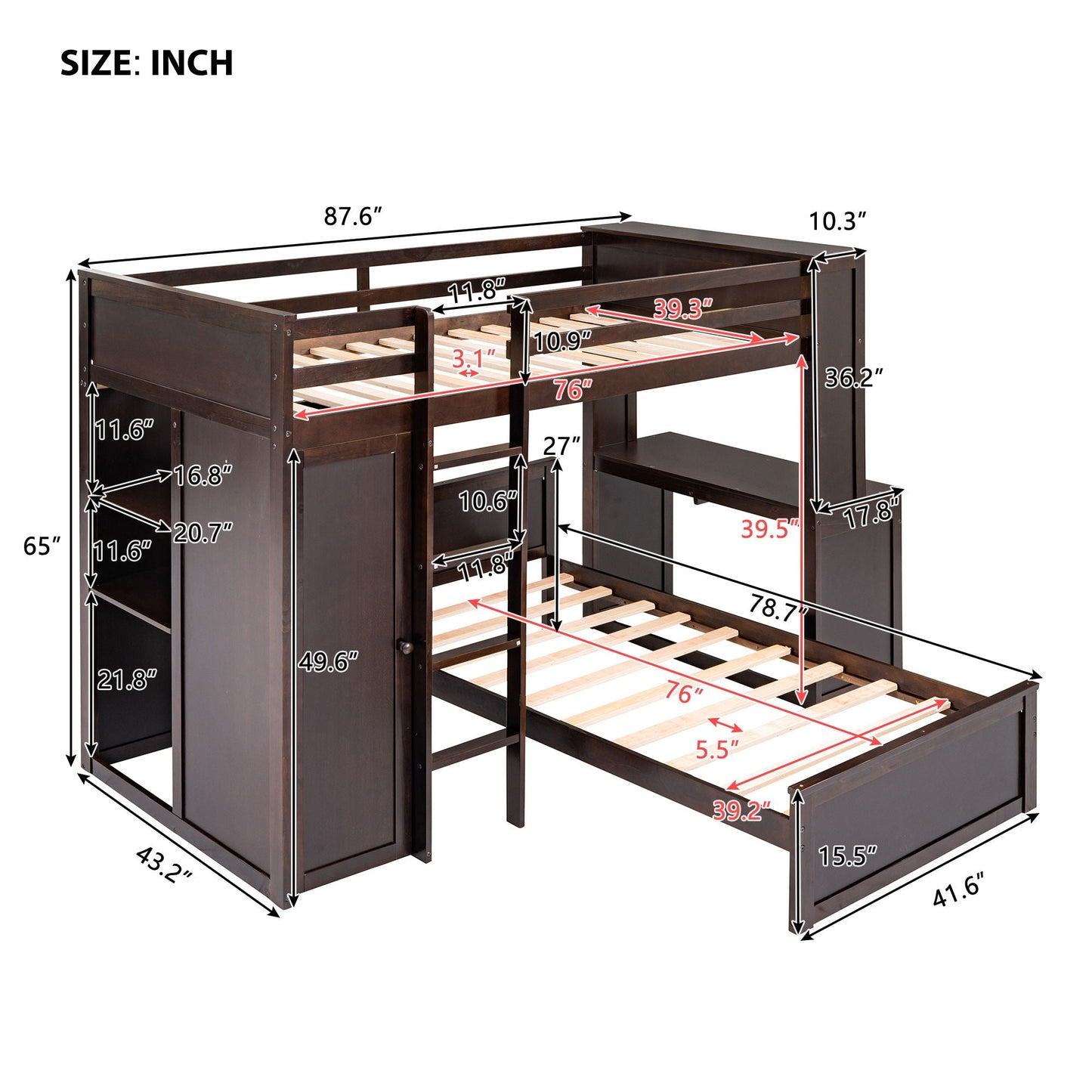 Loft Bed With A Stand Alone Bed, Shelves, Desk, And Wardrobe