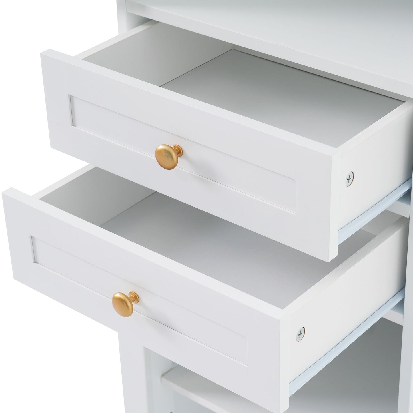 Tall Bathroom Storage Cabinet With Glass Doors, Free-Standing, Two Drawers, And Adjustable Shelves, Board, Painted Perfect For Displaying Your Favorite Items