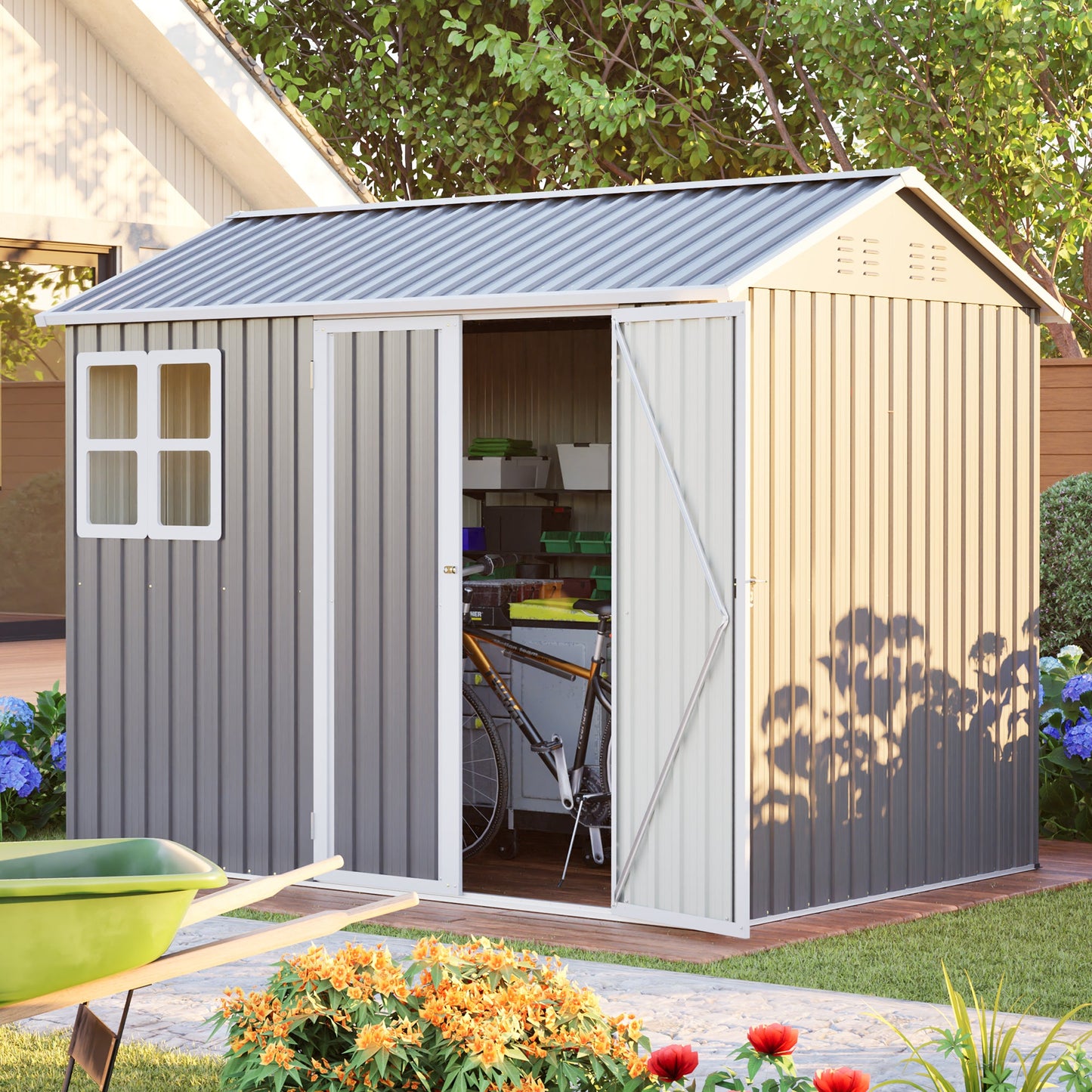 8'x6' Large Steel Storage Shed with Window, Lockable Doors & Sloped Roof