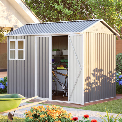 8'x6' Large Steel Storage Shed with Window, Lockable Doors & Sloped Roof