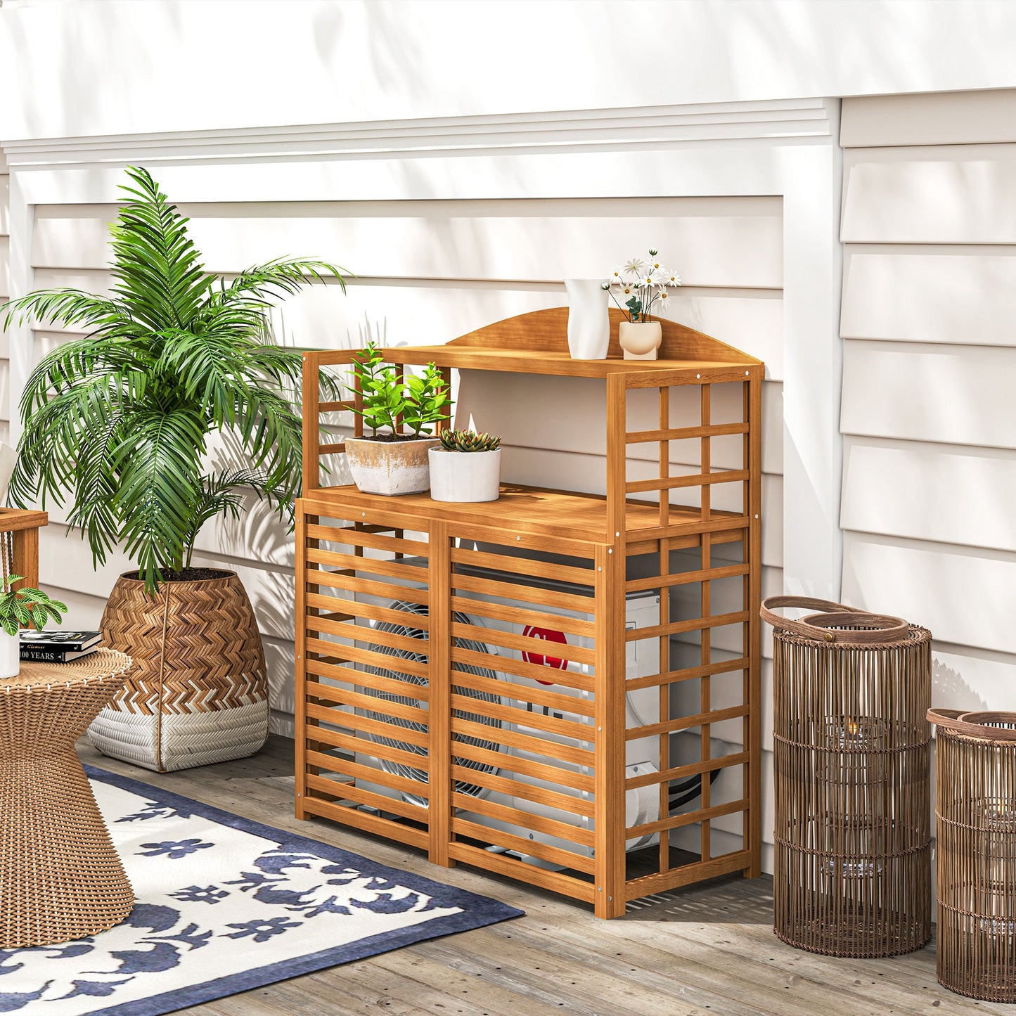 Outsunny Wood Air Conditioner Fence, Outdoor Privacy Screen Potting Table with Shelves