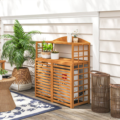 Outsunny Wood Air Conditioner Fence, Outdoor Privacy Screen Potting Table with Shelves