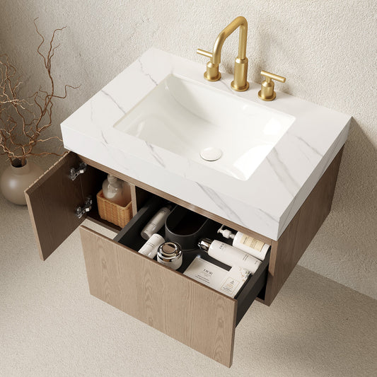 MURI 30" Bathroom Vanity & Sink, Floating Plywood Storage Cabinet with Drawer & Door, Carrara