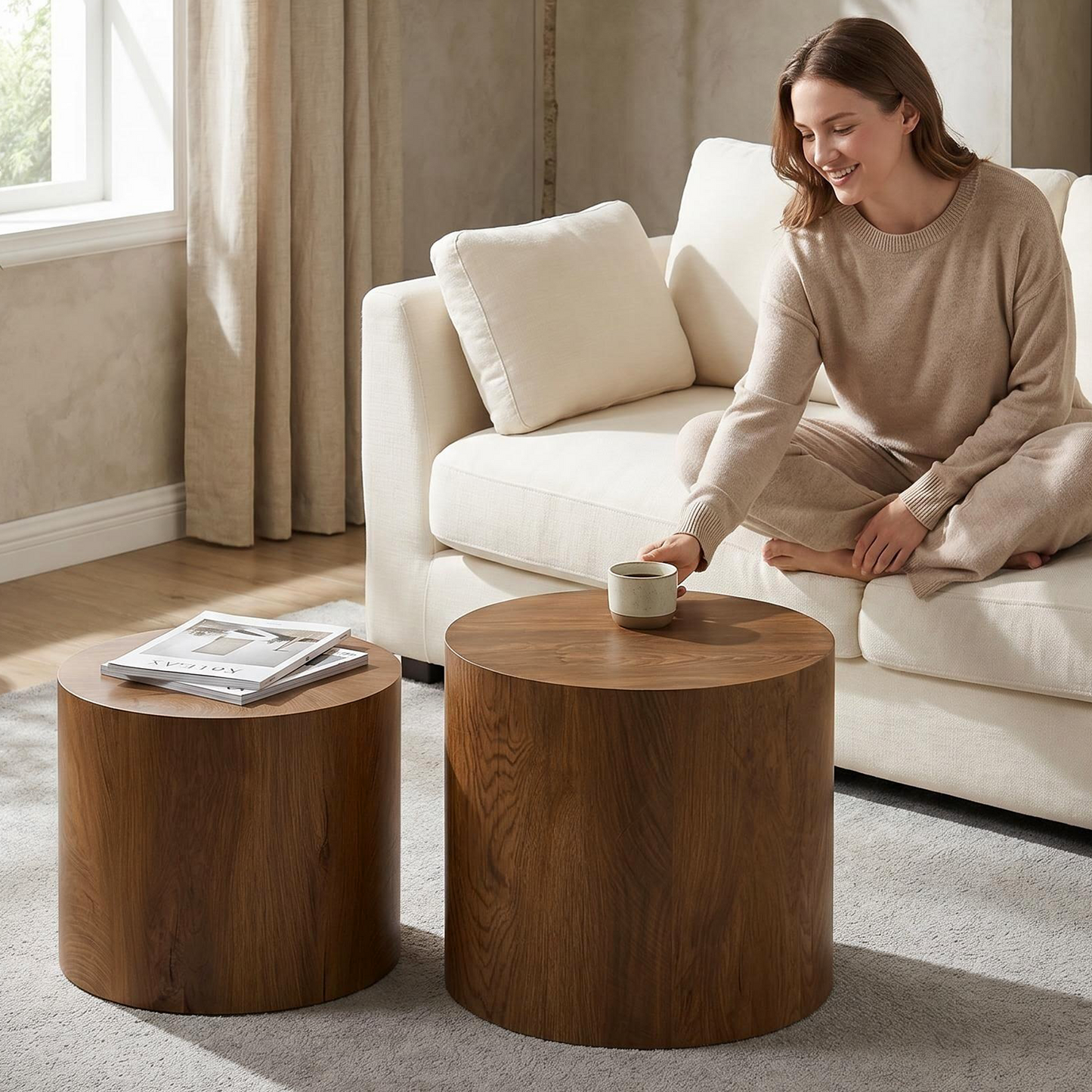 Nesting Coffee Table Set of 2, Modern Round Coffee Tables with Non-Slip Feet