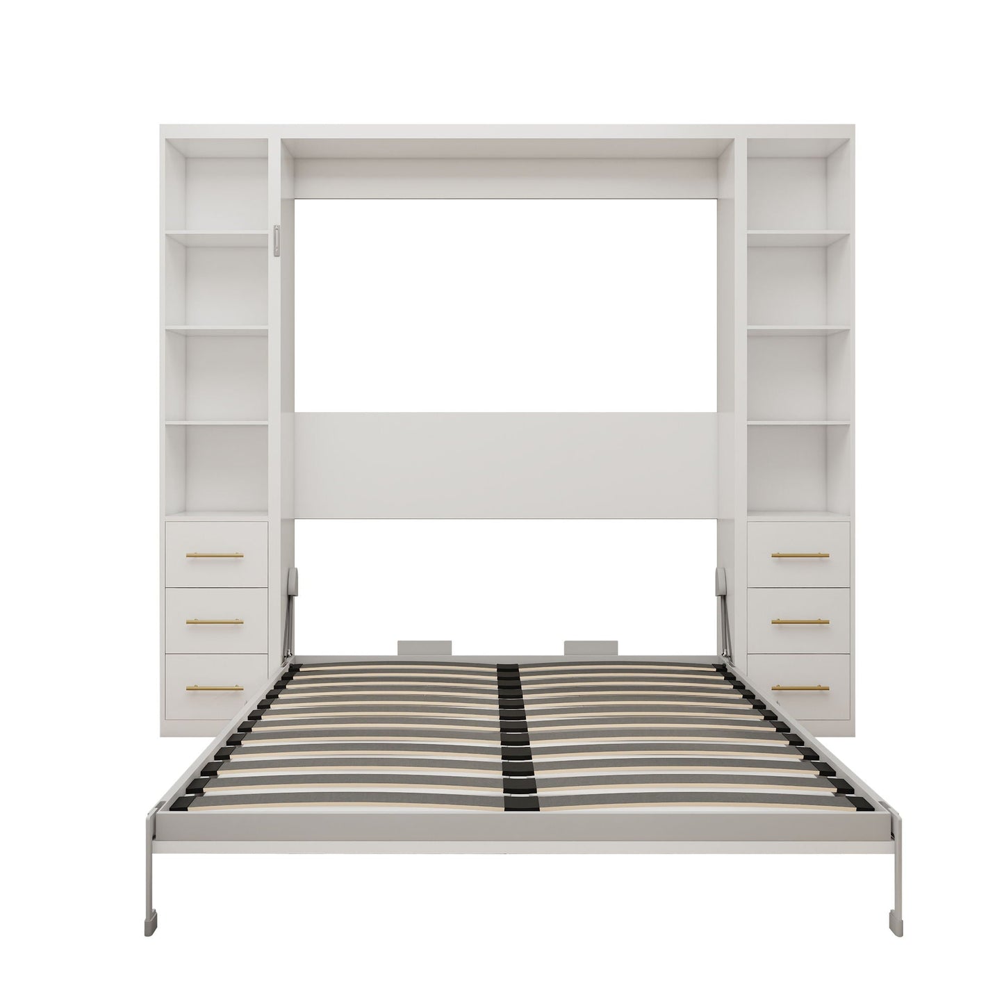 Queen Size Murphy Wall Bed With Side Storage Cabinets - White