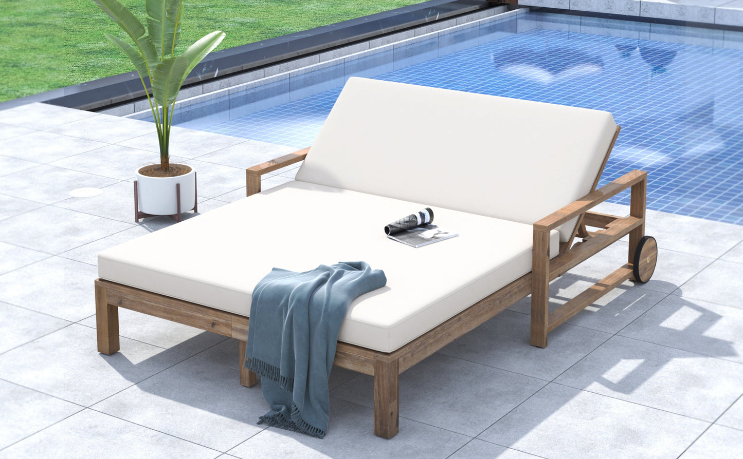 TREXM 1-Piece Farmhouse Wooden Outdoor Sunbed for 2