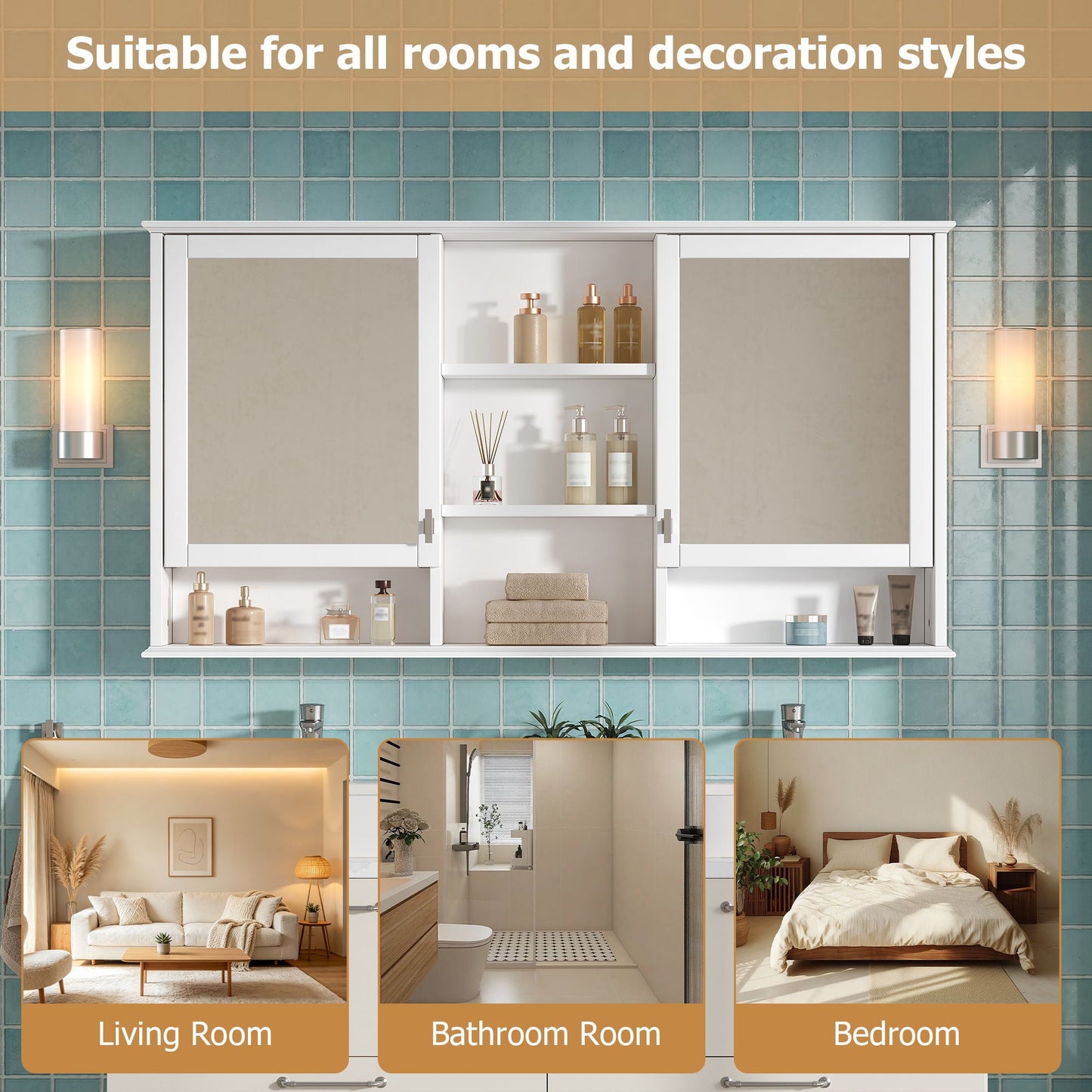 Wall Mount Mirror Cabinet With Adjustable Shelves - White