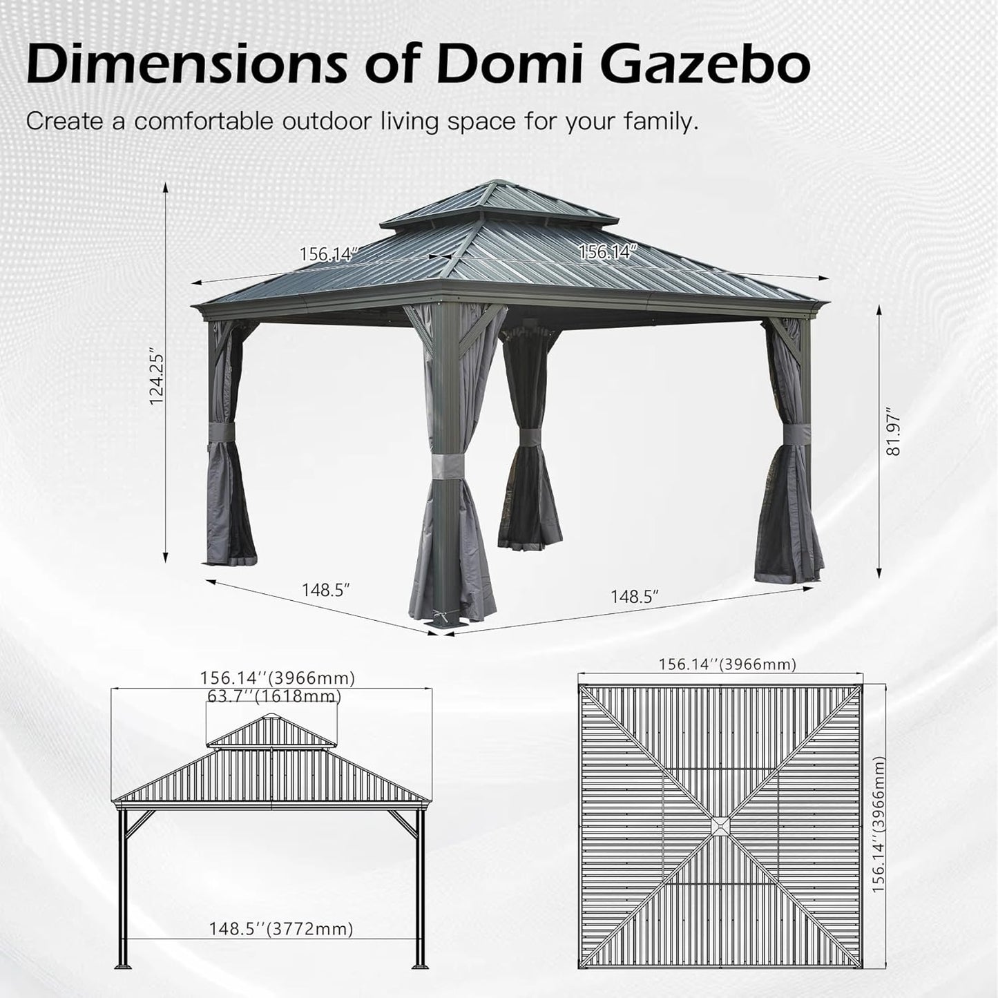13x13FT Outdoor Hardtop Gazebo with Galvanized Steel Double Roof