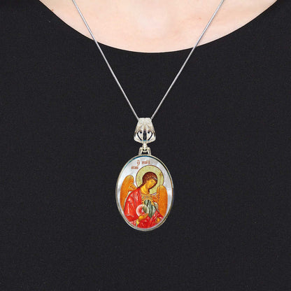 Saint Michael the Archangel Silver Plated Mother of Pearl Necklace - 43027O