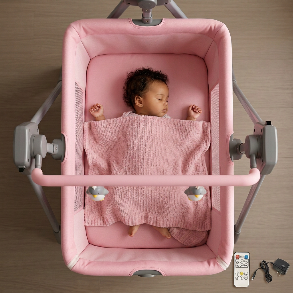 SmartBaby Multi-function Intelligent Electric Cradle – Pink | Bluetooth Music, Remote Control & Automatic Rocking Motion
