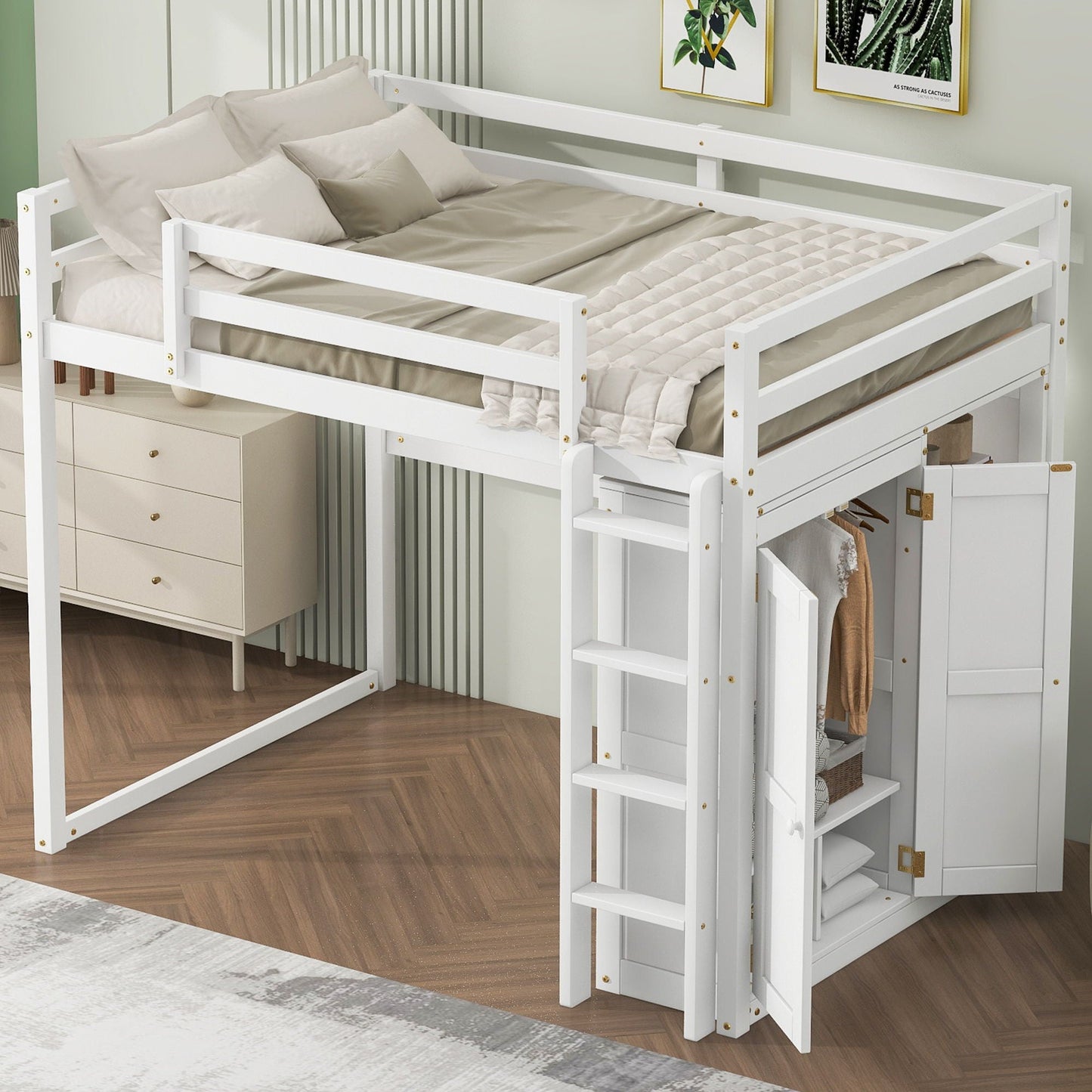 Loft Bed With Built In Wardrobe, Storage Shelves, And LED Light