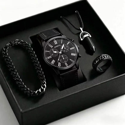 Mens Quartz Watch Necklace Bracelet Set