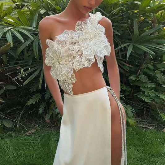 Backless Sequined Lace Split Skirt Suit