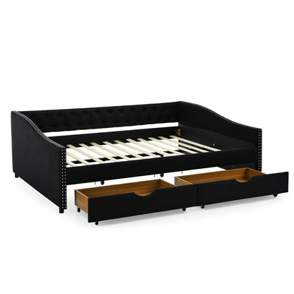 Upholstered Tufted Daybed With 2 Drawers, Waved Arms