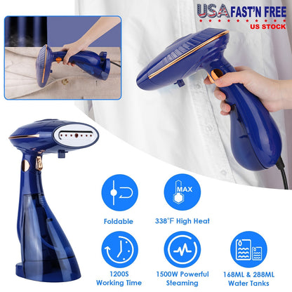 1500W 2 In 1 Foldable Garment Steamer Handheld Fabric Wrinkle Remover with 168ML & 288ML Water Tanks For Flat Hanging Ironing
