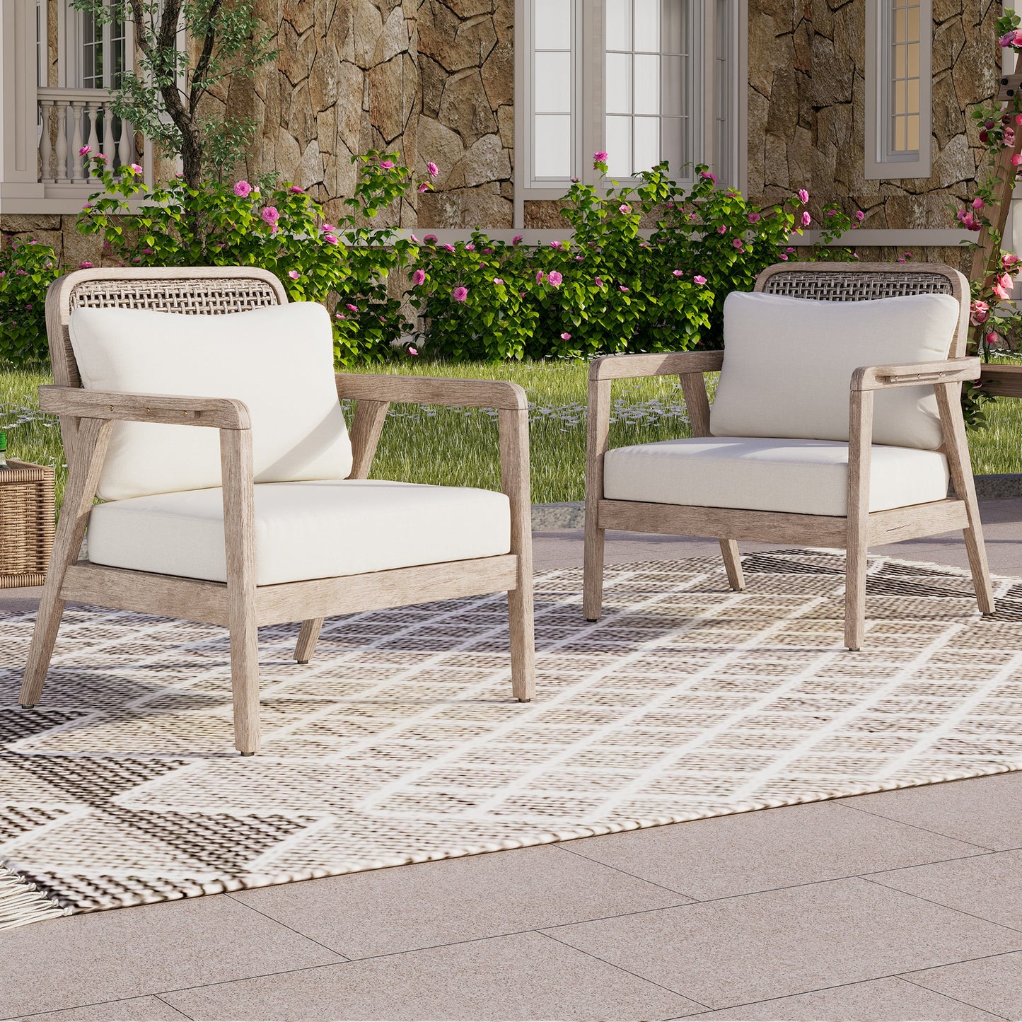 Set of 2 Outdoor Acacia Wood Patio Club Chairs with Waterproof Cushions