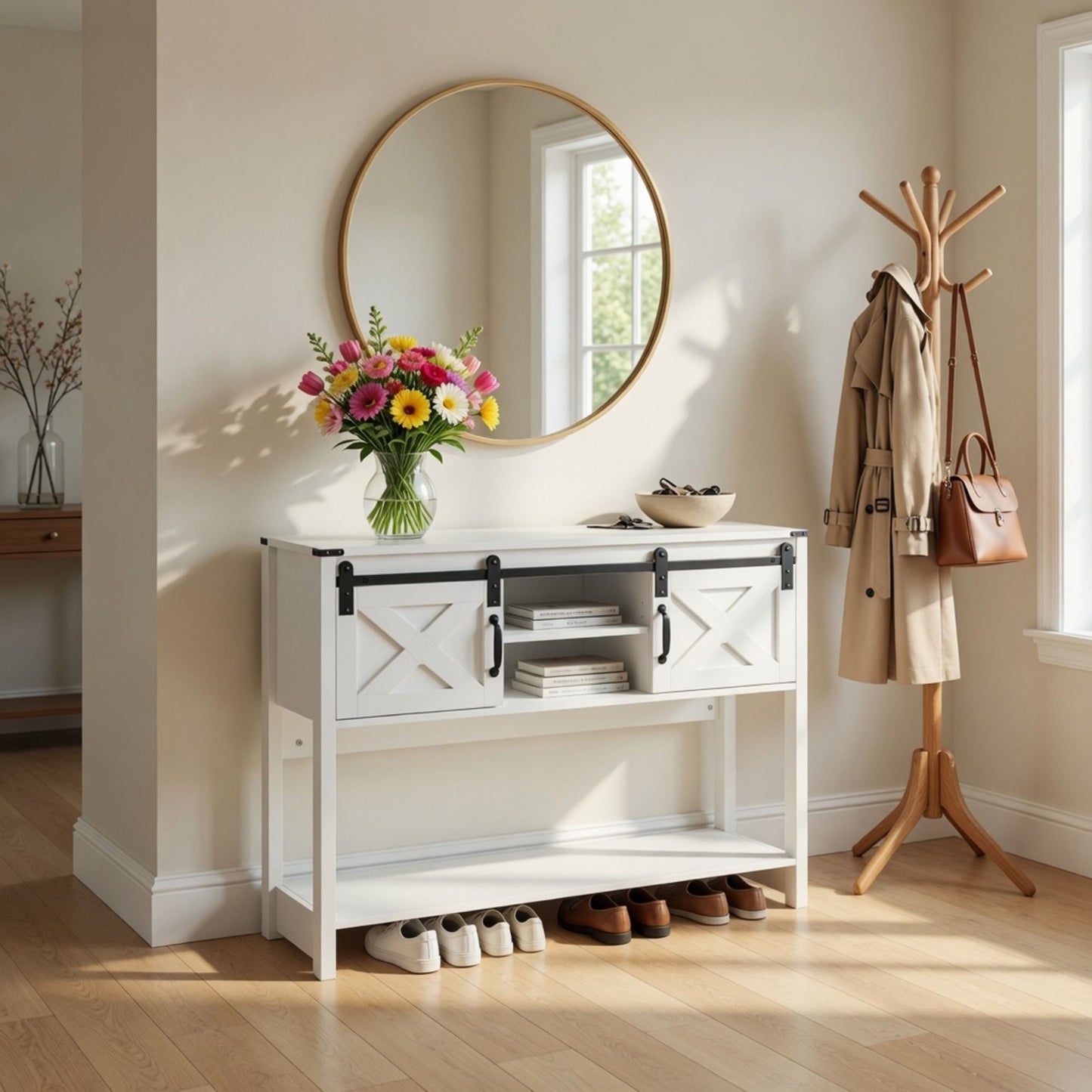 Farmhouse Entryway Table With Sliding Barn Door