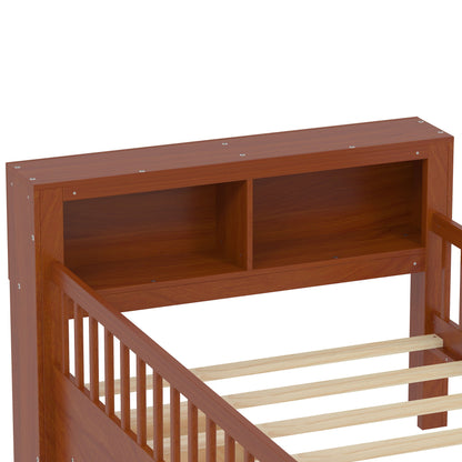 Bed With Headboard Storage Rack, 2 Under Bed Drawers, 3 Side Guardrails For Safety