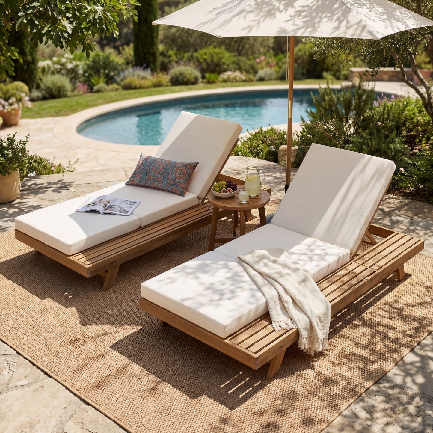 Lounge Chaise Set, Space Available On One Side, Acacia Solid Wood In