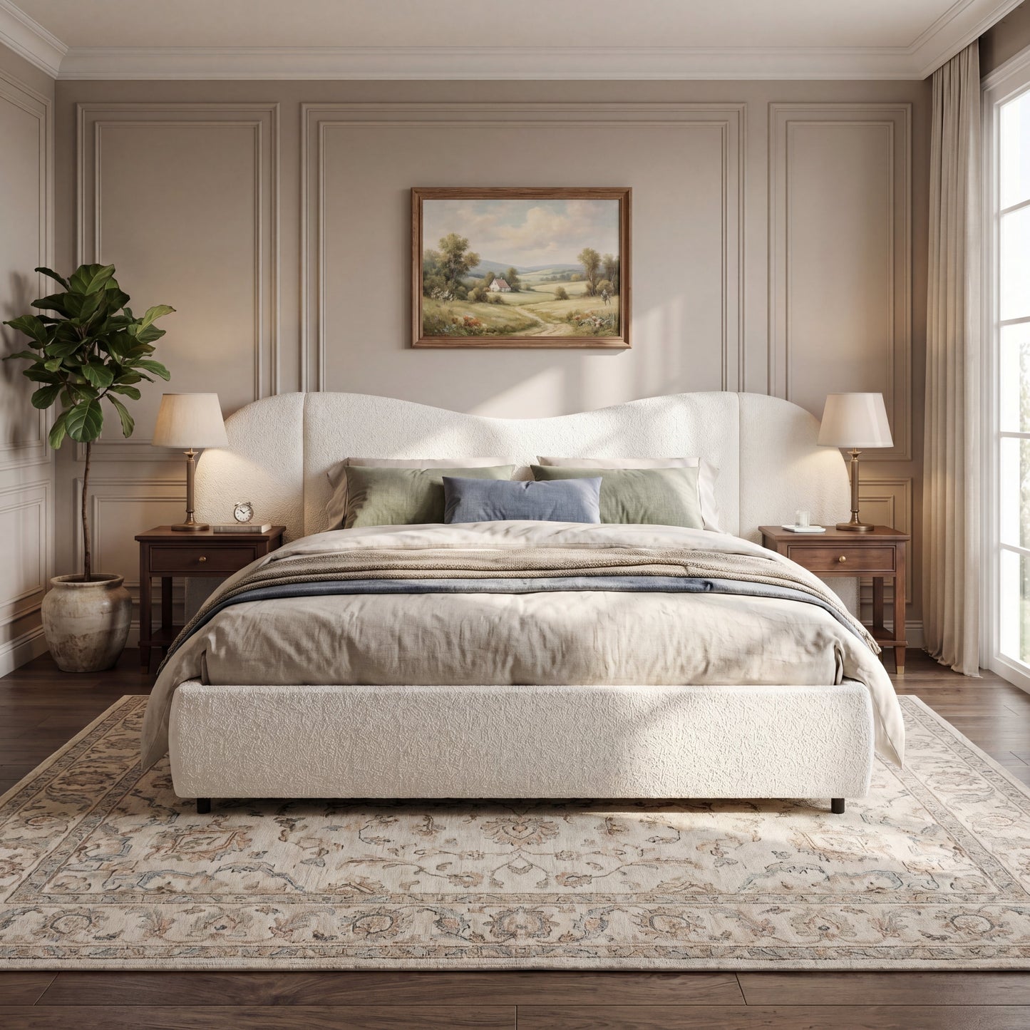 King Size Upholstered Bed Frame With Boucle Fabric Curved And Wide Headboard