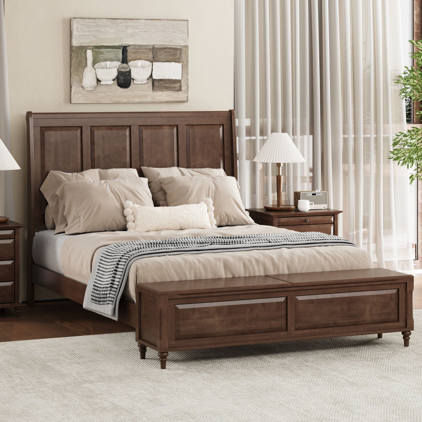 Sleigh Bed Frame With Tall Headboard And Storage Bench