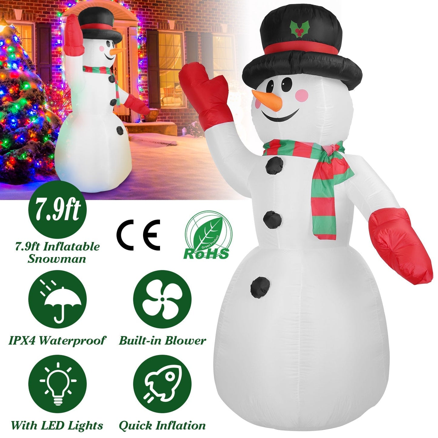 7.9FT Christmas Inflatable Giant Snowman Blow up Light up Snowman with LED Lights Hat Scarf  IPX4 Waterproof Christmas Outdoor Yard Lawn Holiday Decor