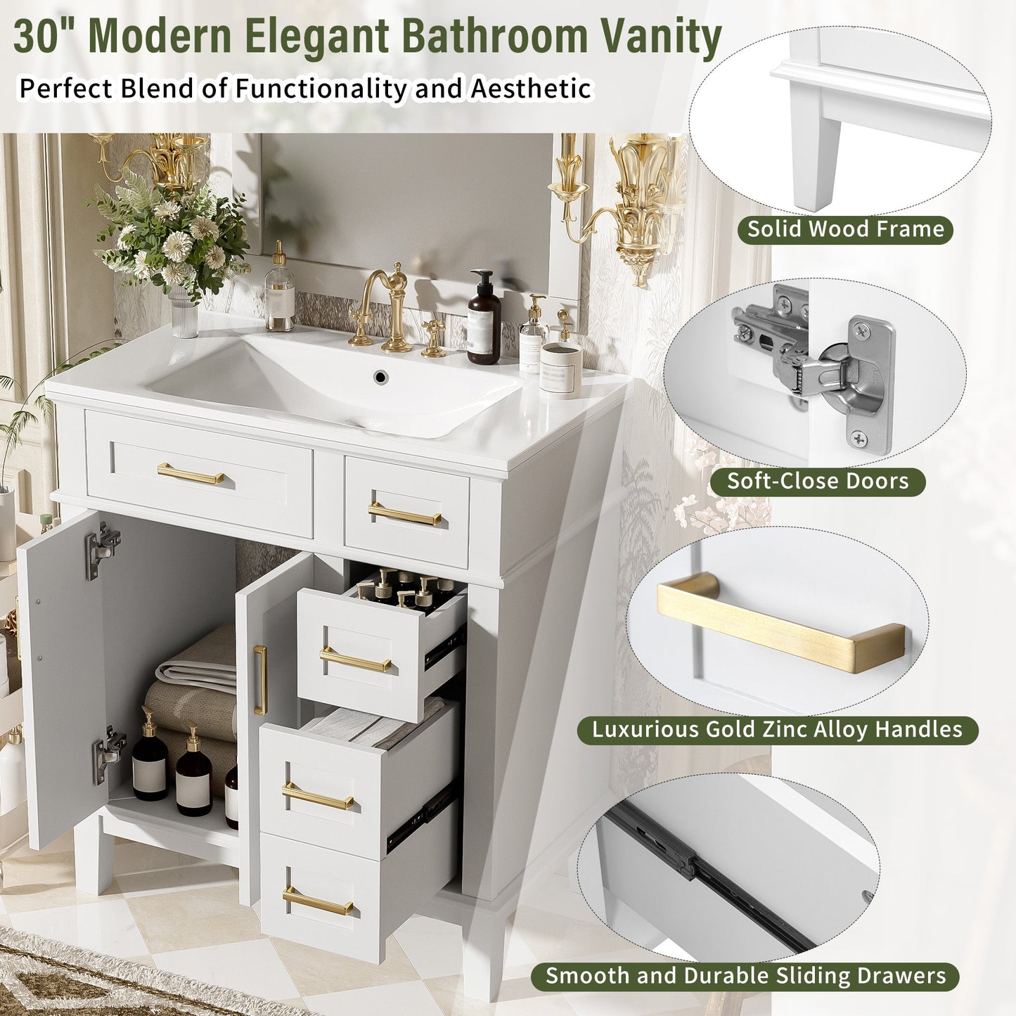 30" Bathroom Vanity with Ceramic Sink and Modern Storage Cabinet