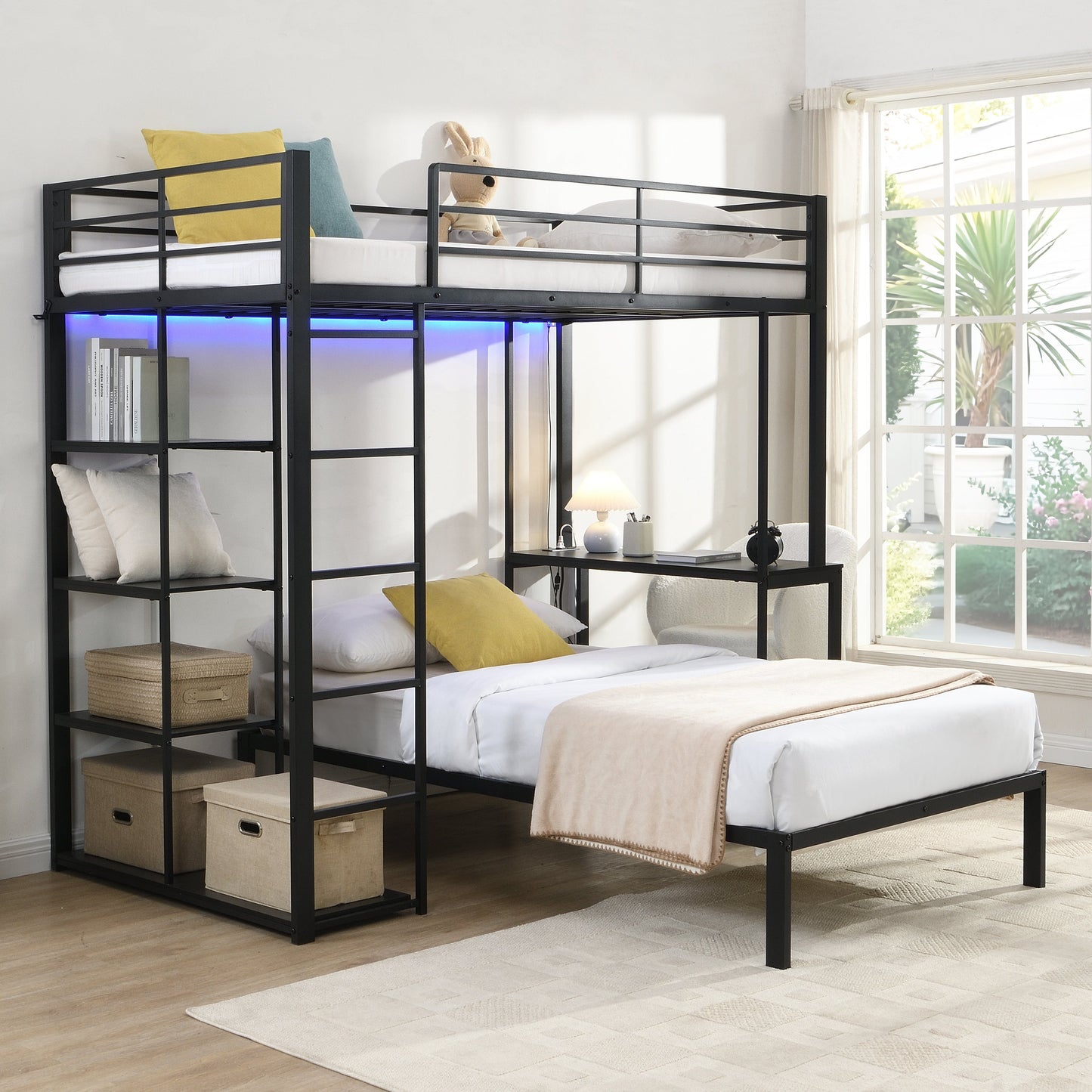 Metal Loft Bed Frame with LED Light Strip, Side Storage Shelves & Built-in Desk