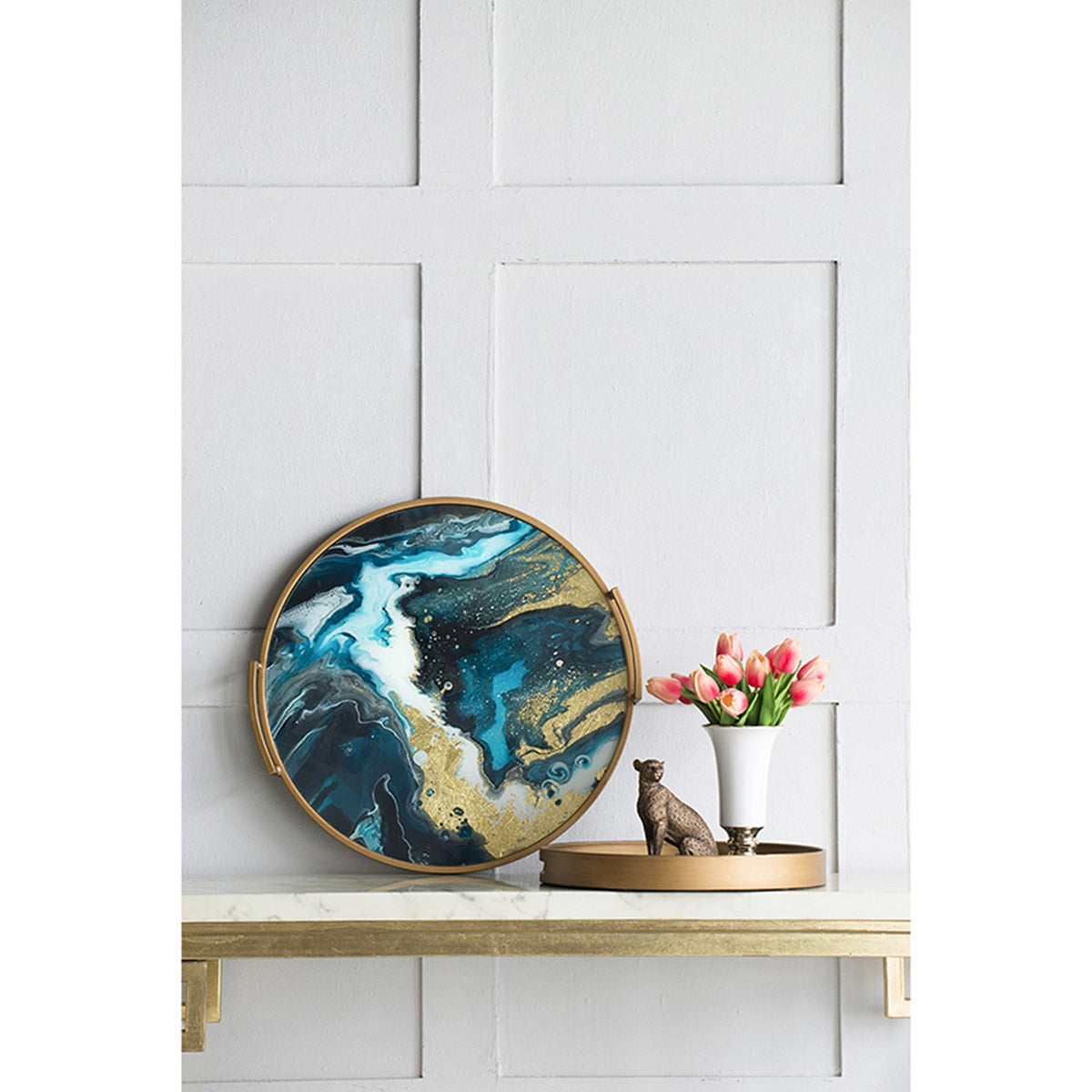 20.9x20.1x3.1" Round Accent Mirrored Tray with Handles