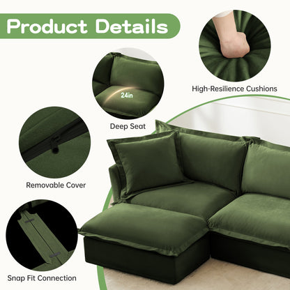 Slipcovered Sectional 2 Seater Sofa Couch with Convertible Ottoman