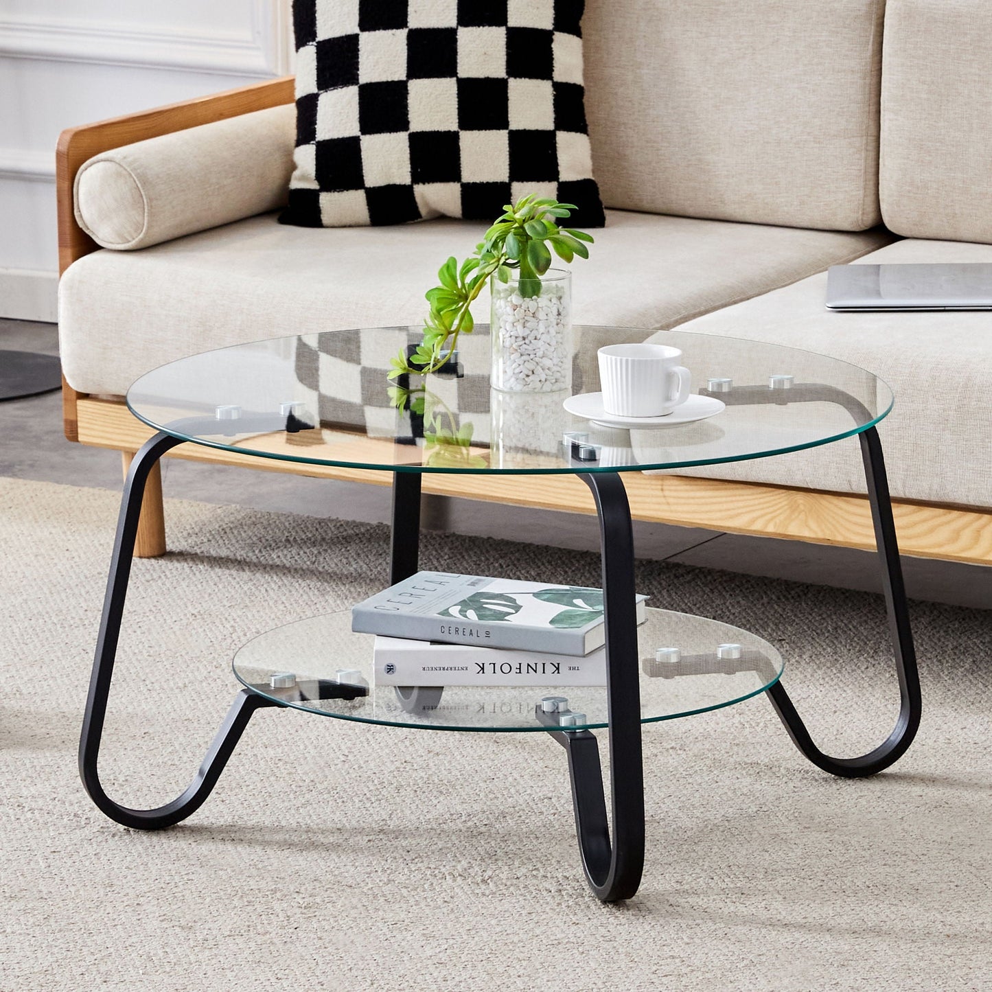 Retro Minimalist Style Metal Frame Double Layer Tempered Glass Coffee Table
