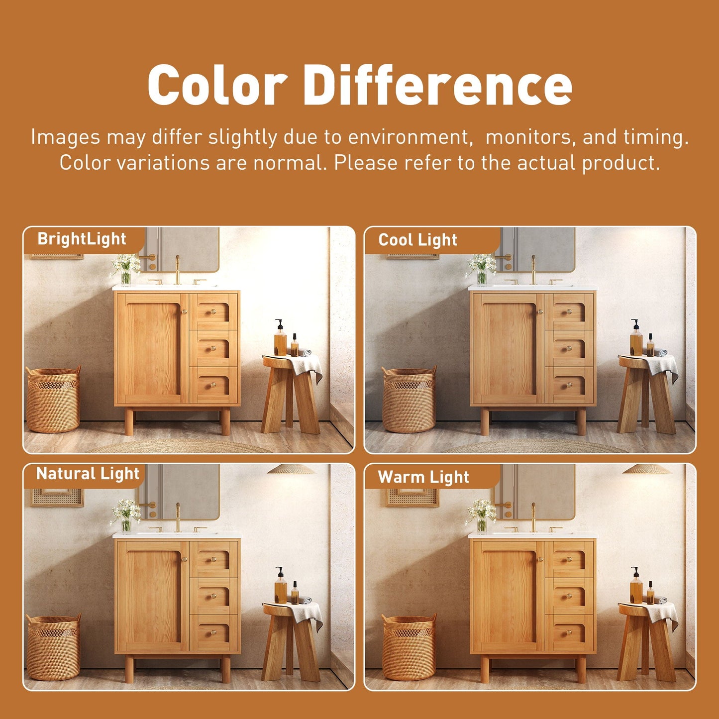 Bathroom Vanity With Sink, 3 Drawers, Soft Close Door - Natural Wood