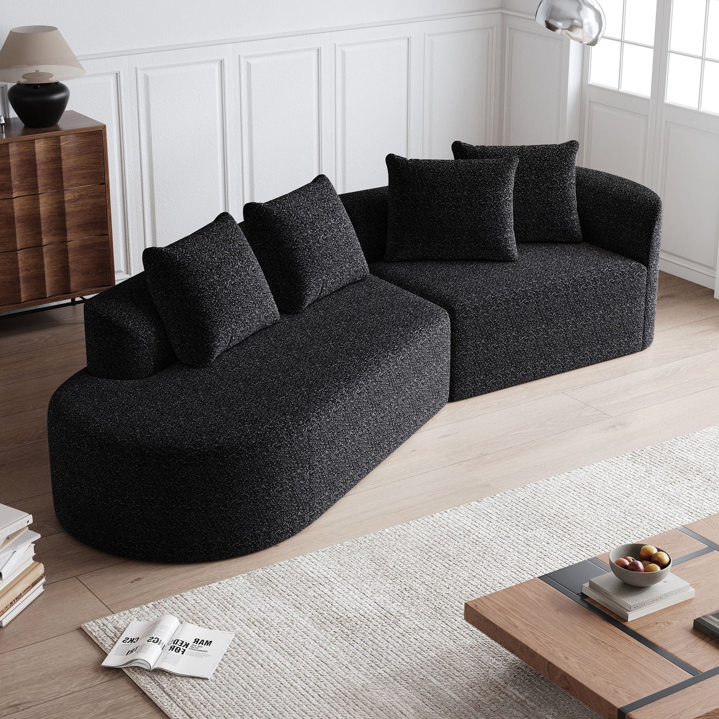 Upholstered Oversized Sectional Sofa, 4 Seater Extra Deep & Wide Seat Curved Cloud Couch With 4 Throw Pillows, Free Combination Living Room - Black