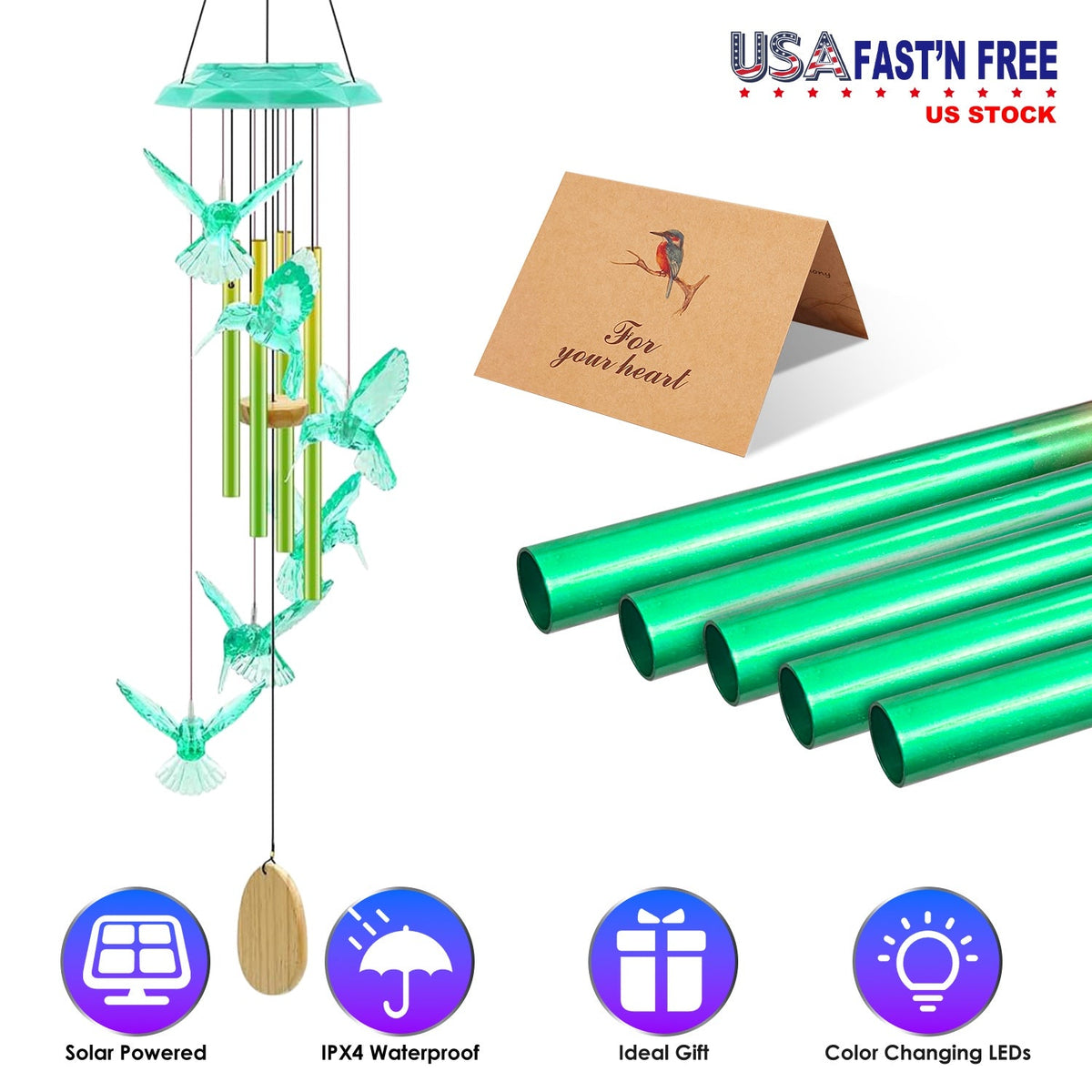 Solar Wind Chime with Color-Changing LED & Aluminum Tubes
