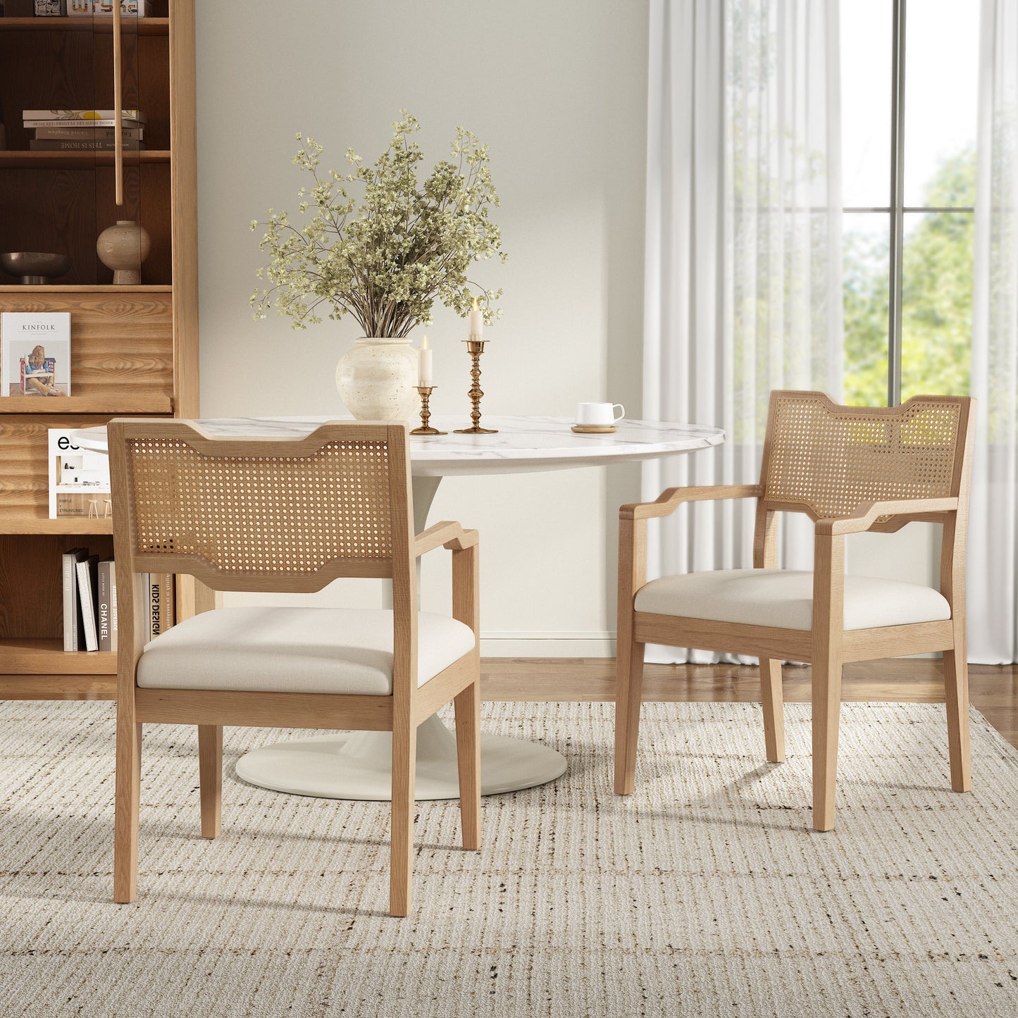 Farmhouse Dining Chairs Set of 2 with Upholstered Seats and Rattan Backrest